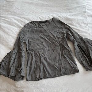 Zara Gray Plaid Bell-Sleeve Blouse